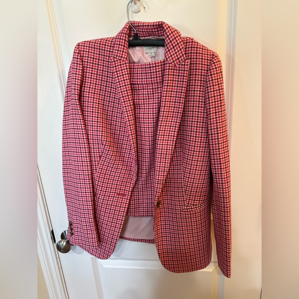 J. Crew Pink and White Houndstooth Blazer and Skirt Suit